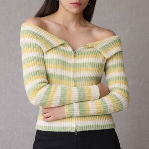 Kijun Off Shoulder Cotton Blend Green Yellow Zip Cardigan S